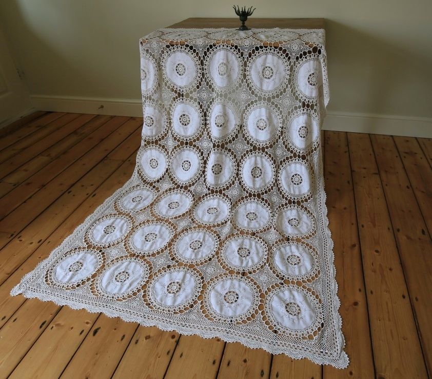 Large Vintage Beige Linen Tablecloth Hand Embroidered Flowers Crochet Lace