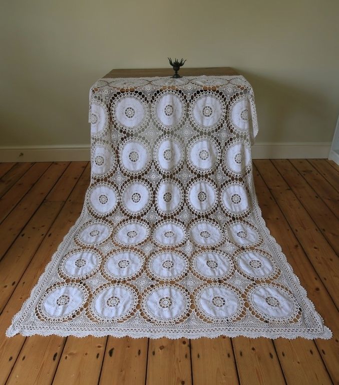 Large Vintage Beige Linen Tablecloth Hand Embroidered Flowers Crochet Lace