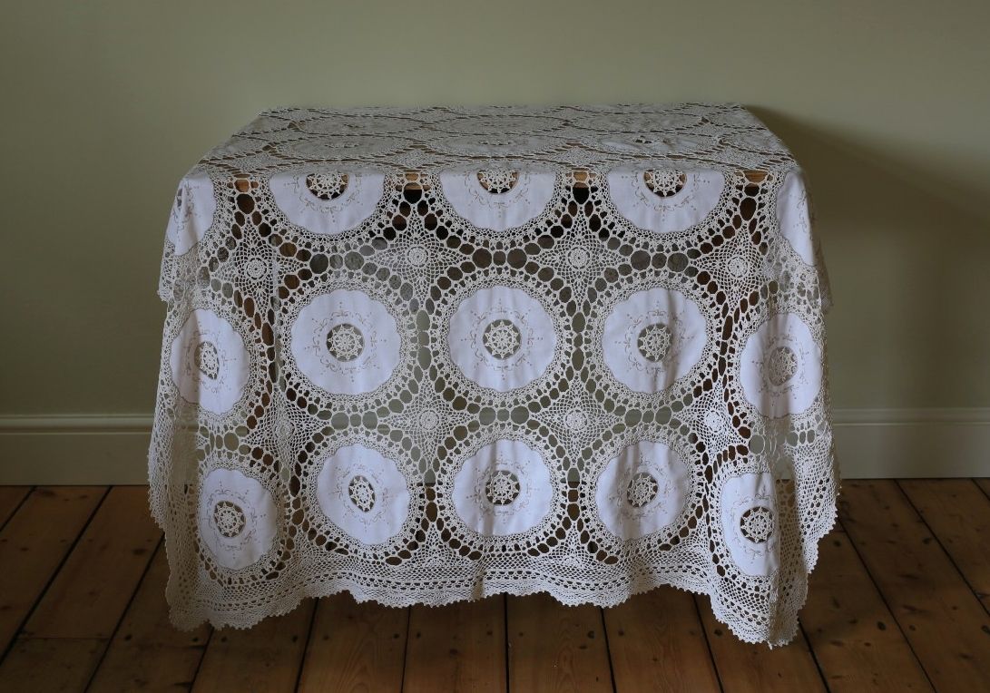 Large Vintage Beige Linen Tablecloth Hand Embroidered Flowers Crochet Lace