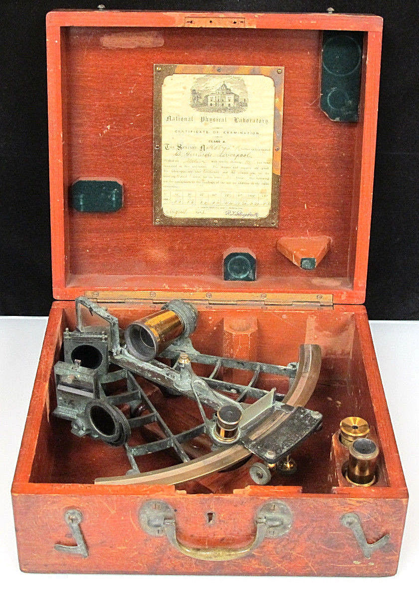 Antique Sextant 1913 Certified In Original Case With Telescope And Attachments