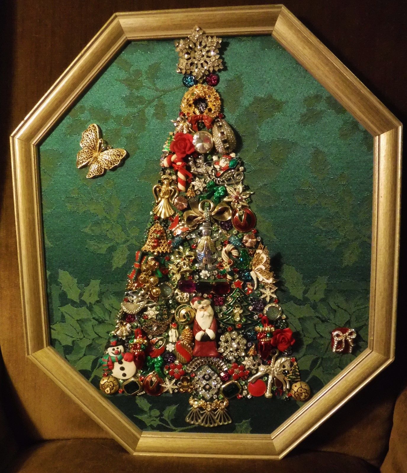 Jewelry Art Christmas Tree, in Vintage 8 sided Frame, a Must See, one of a kind!