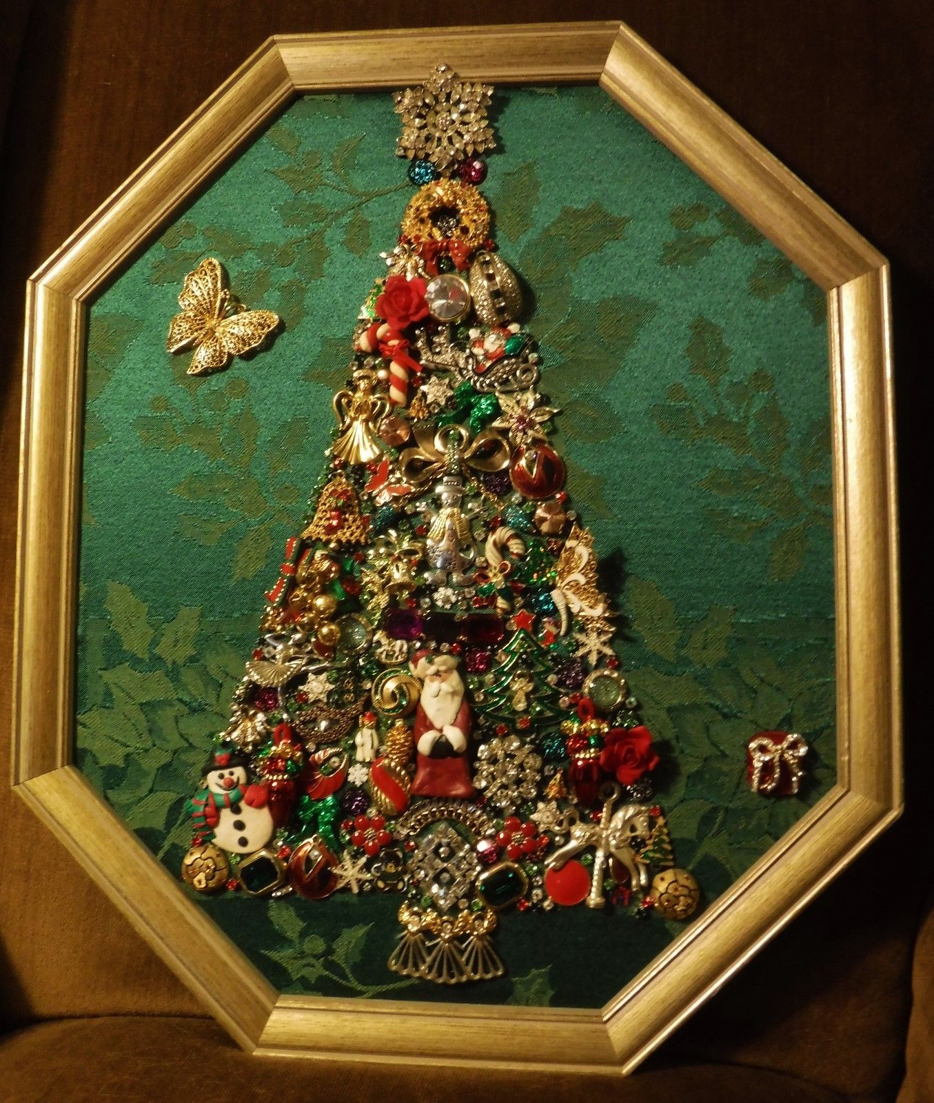 Jewelry Art Christmas Tree, in Vintage 8 sided Frame, a Must See, one of a kind!