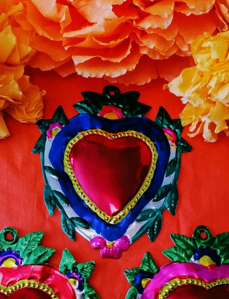 Authentic Mexican Tin Folk Art  Heart Milagro with Flowers & Vines Oaxaca