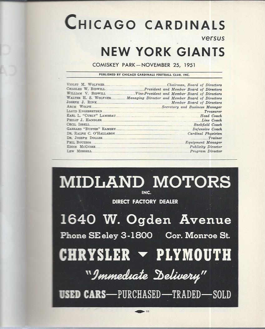 1951 New York Giants at Chicago Cardinals Football Program