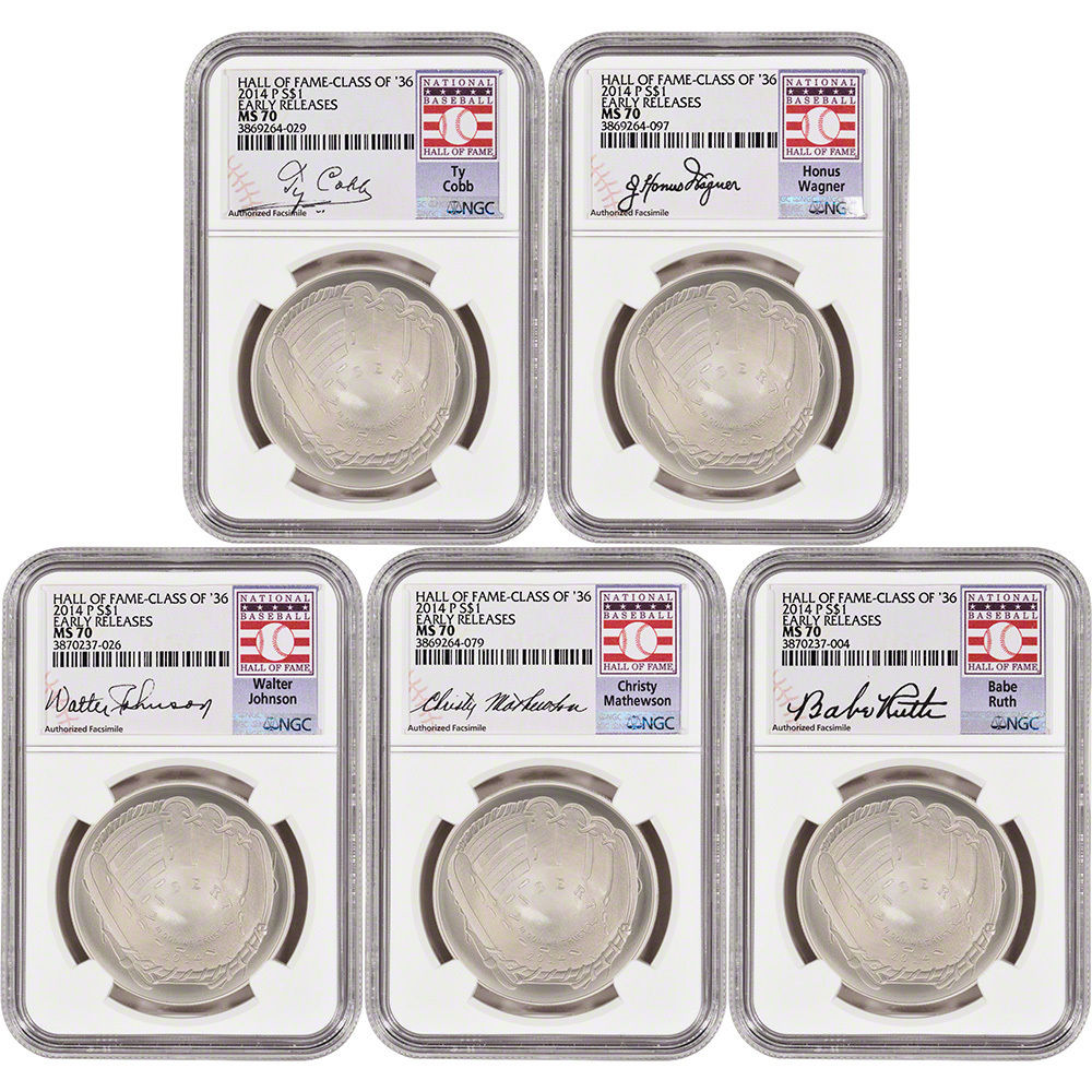 5-pc. 2014 US Baseball BU Silver $1 - Class of '36 - NGC MS70 - Early Releases