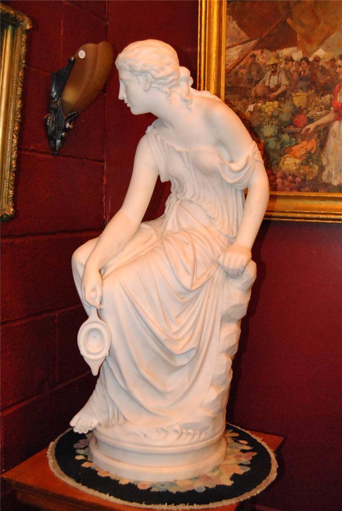 Antique Italian Hand Carved Marble Statue of Graceful Lady Sitting, 33" Tall