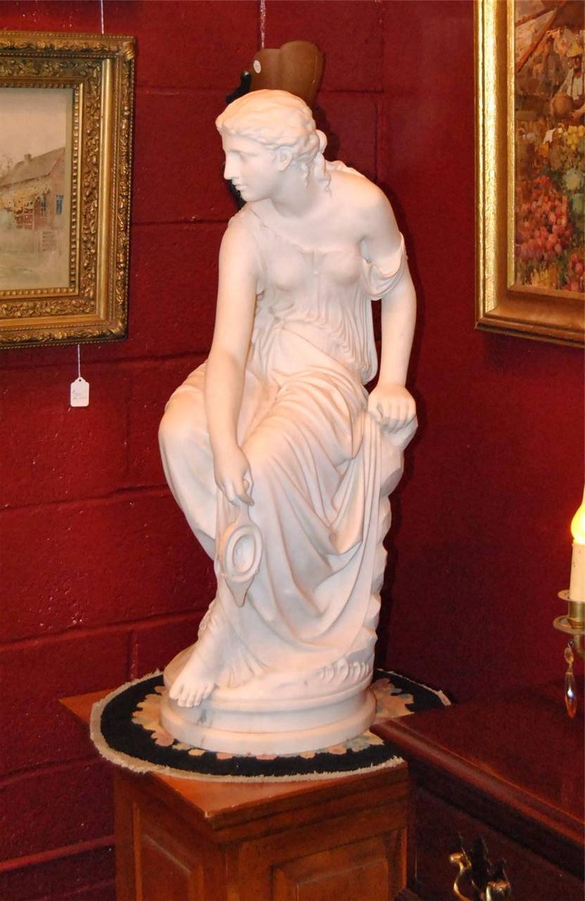 Antique Italian Hand Carved Marble Statue of Graceful Lady Sitting, 33" Tall