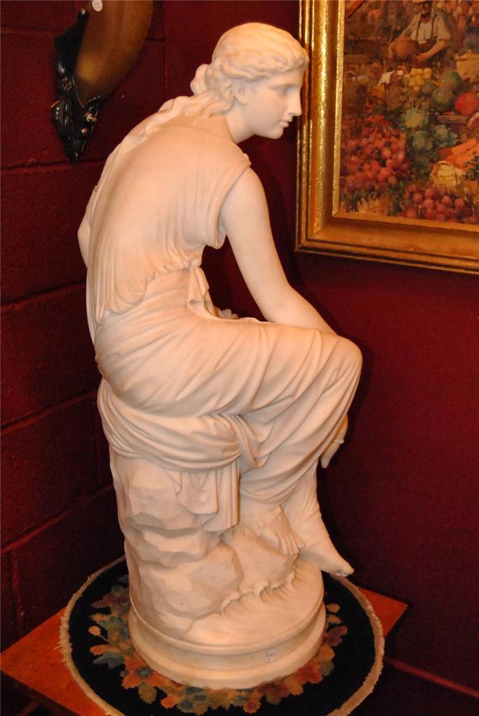 Antique Italian Hand Carved Marble Statue of Graceful Lady Sitting, 33" Tall