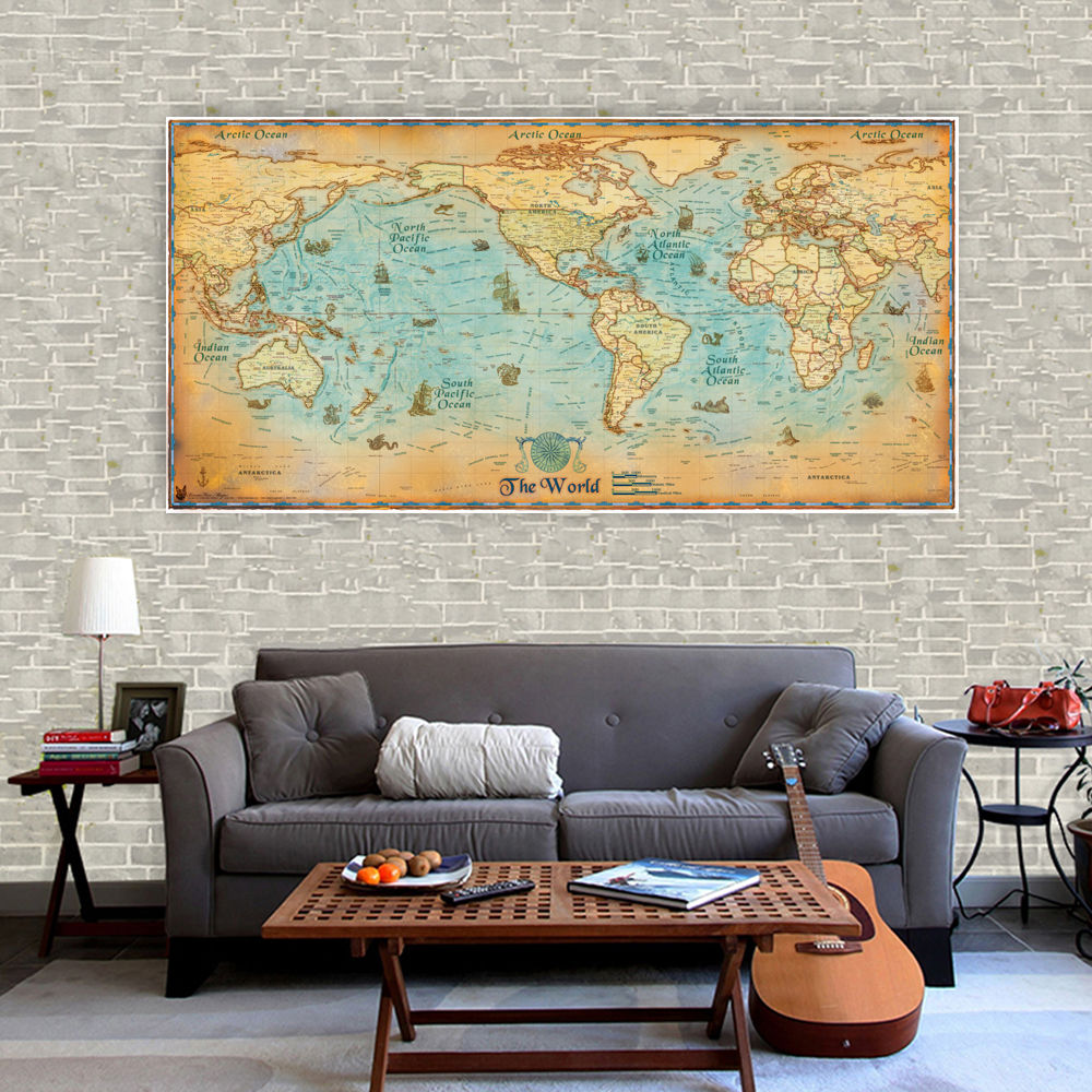 Huge Silk Canvas poster Pirate Navigation Monster World Map 48x24 Inch S60