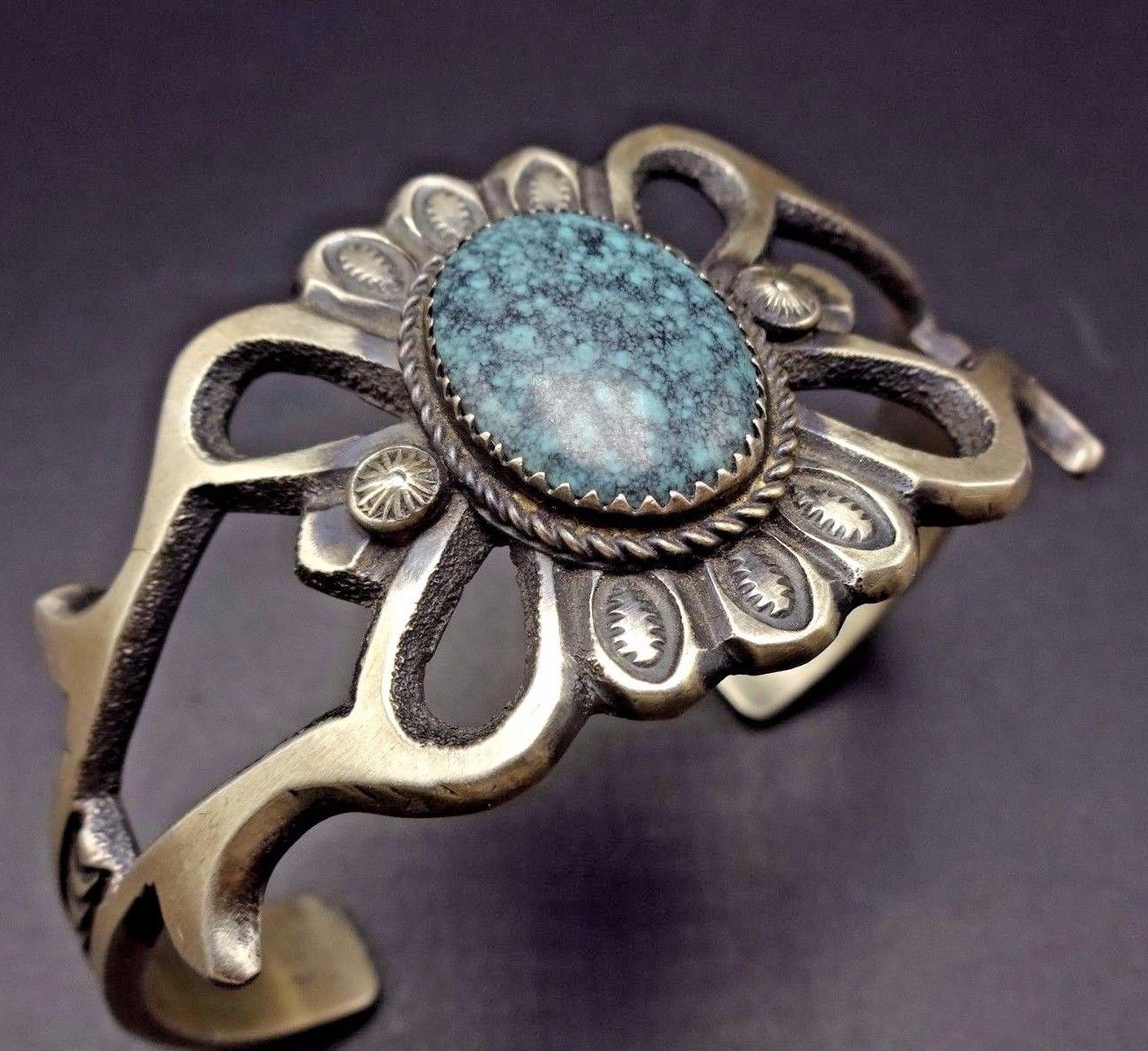 NEW Handmade Signed NAVAJO Sterling Silver & Spiderweb TURQUOISE Cuff BRACELET