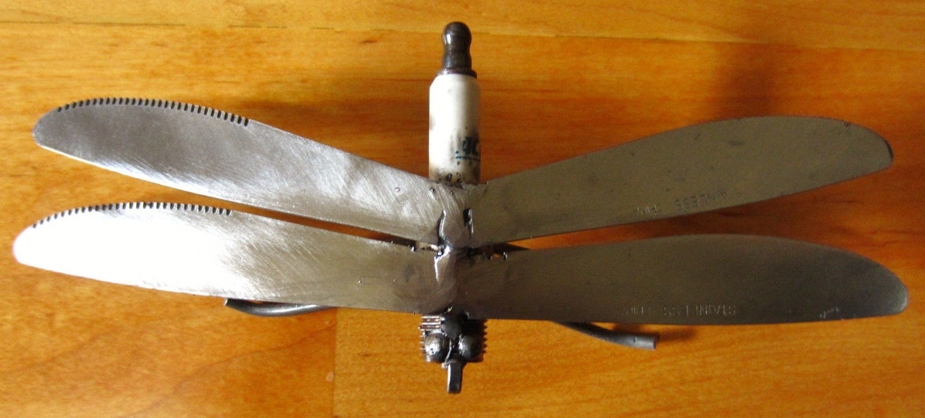 Dragonfly metal art sculpture handmade recycled spark plug figurine