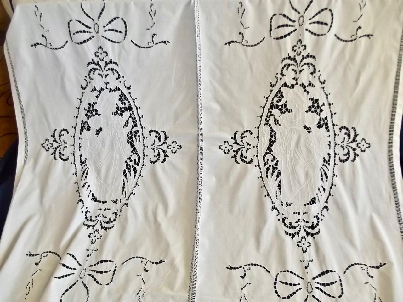 Antique French White Linen Richelieu Lace 2pc Curtain Portiere Maiden Roses Bows