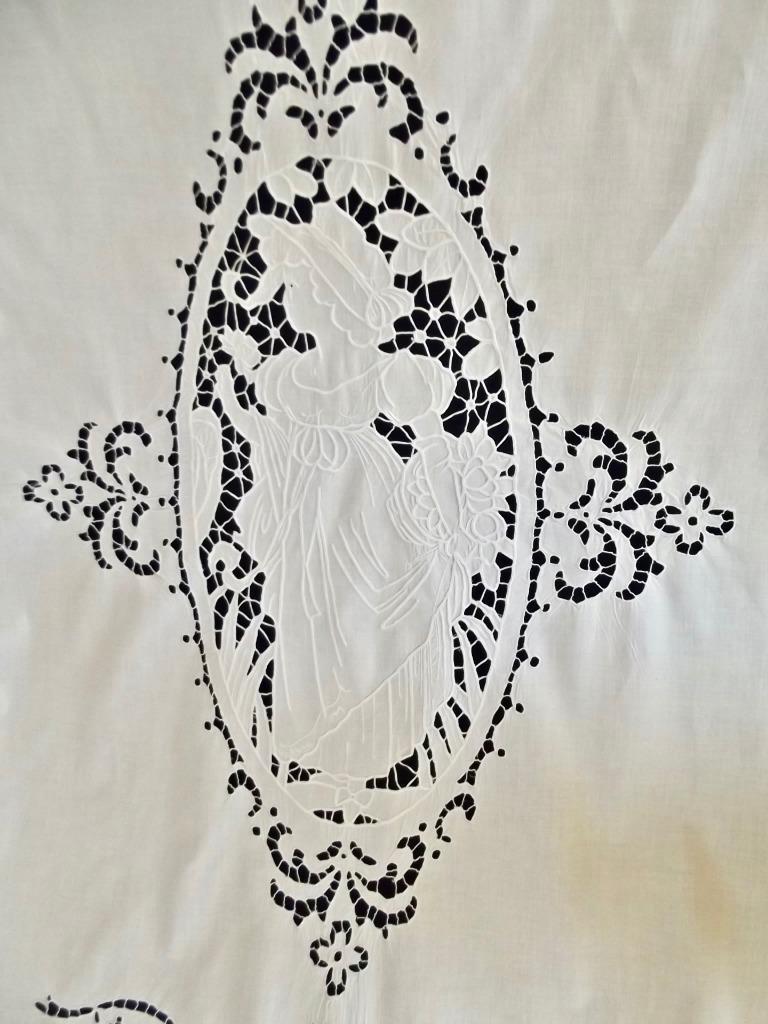 Antique French White Linen Richelieu Lace 2pc Curtain Portiere Maiden Roses Bows