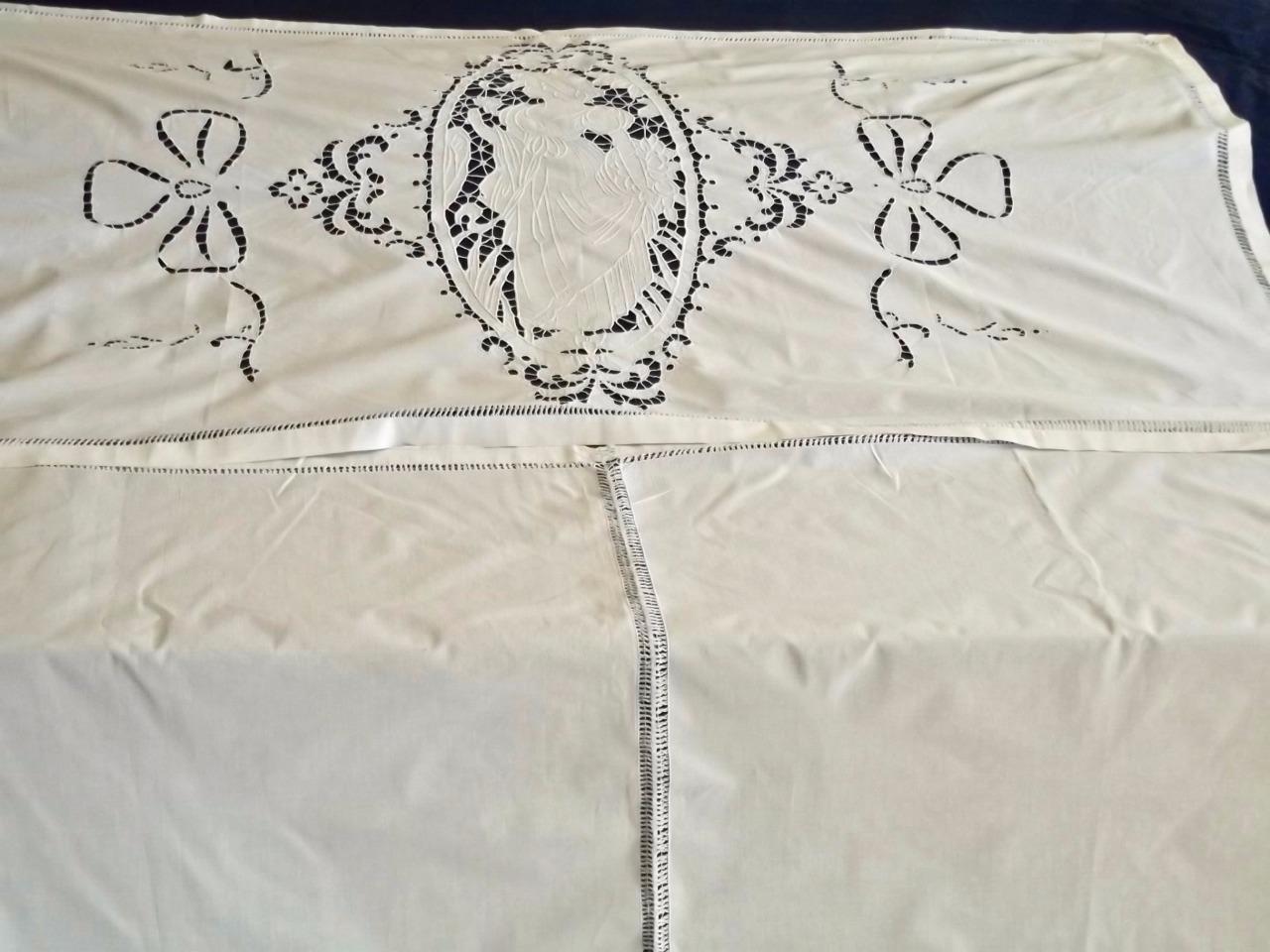 Antique French White Linen Richelieu Lace 2pc Curtain Portiere Maiden Roses Bows