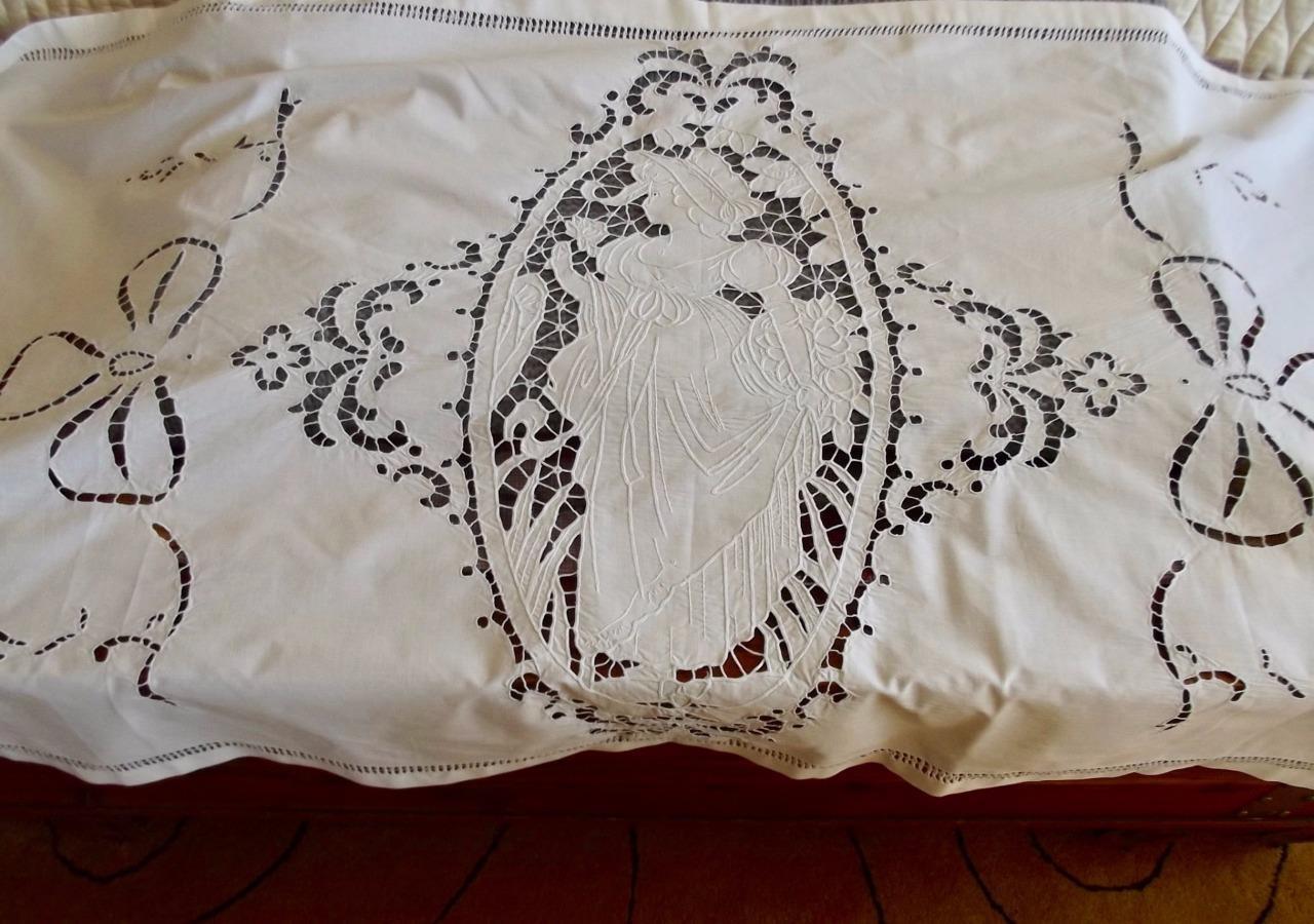 Antique French White Linen Richelieu Lace 2pc Curtain Portiere Maiden Roses Bows