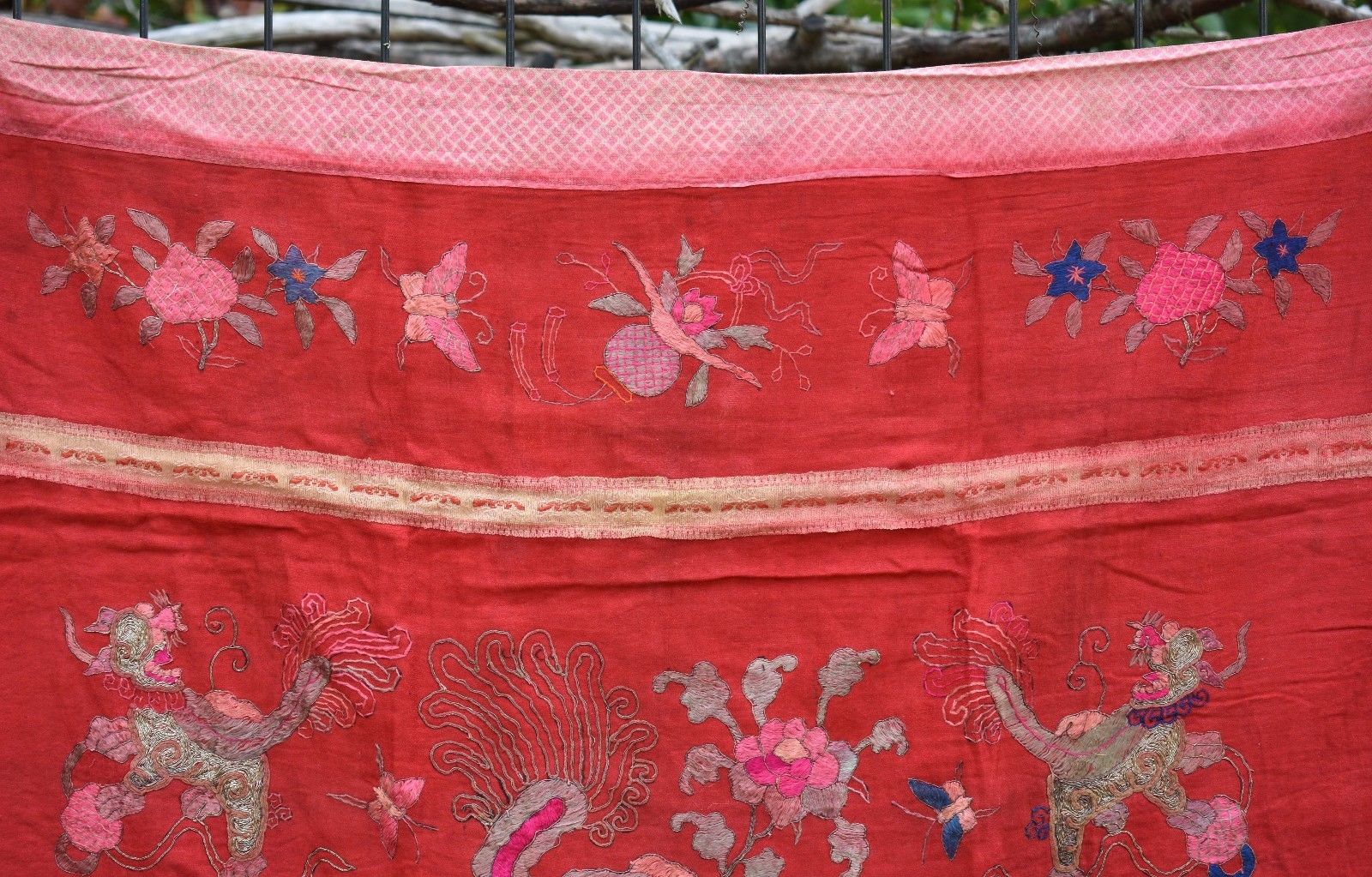 Antique Chinese Hand Embroidered Fabric Textile Panel 31"x 29"