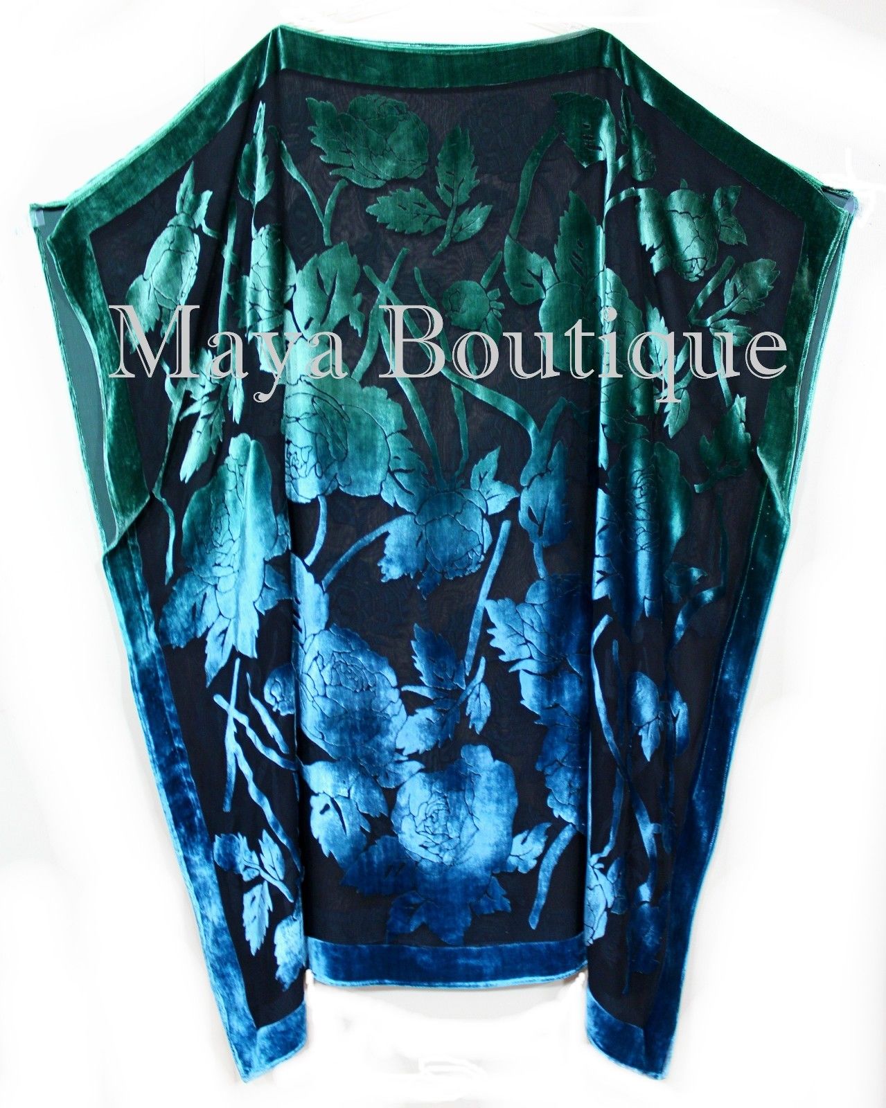 Caftan Dress Kimono Silk Burnout Velvet MAYA Dyed Stained Glass Blue & Greens