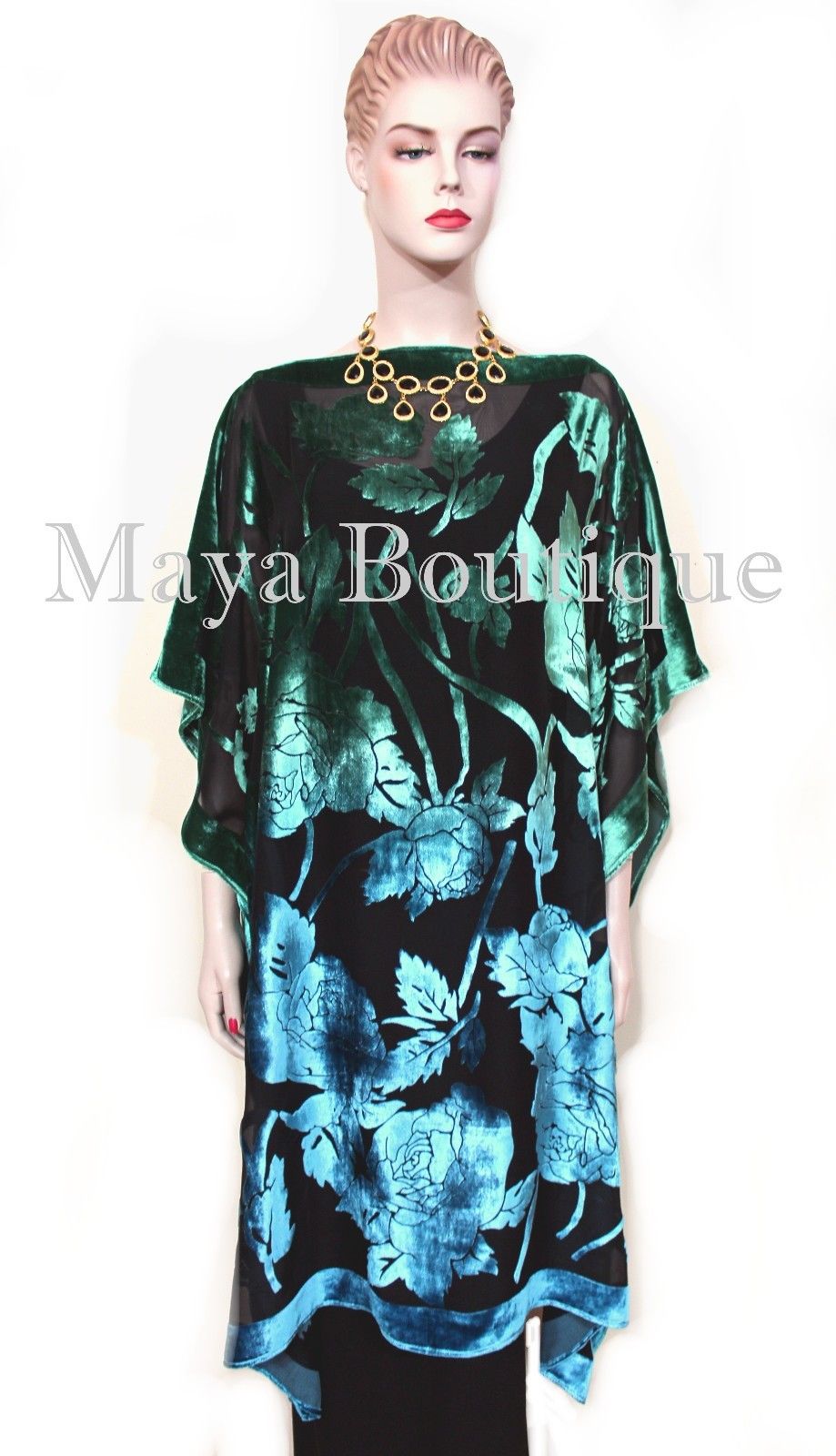 Caftan Dress Kimono Silk Burnout Velvet MAYA Dyed Stained Glass Blue & Greens