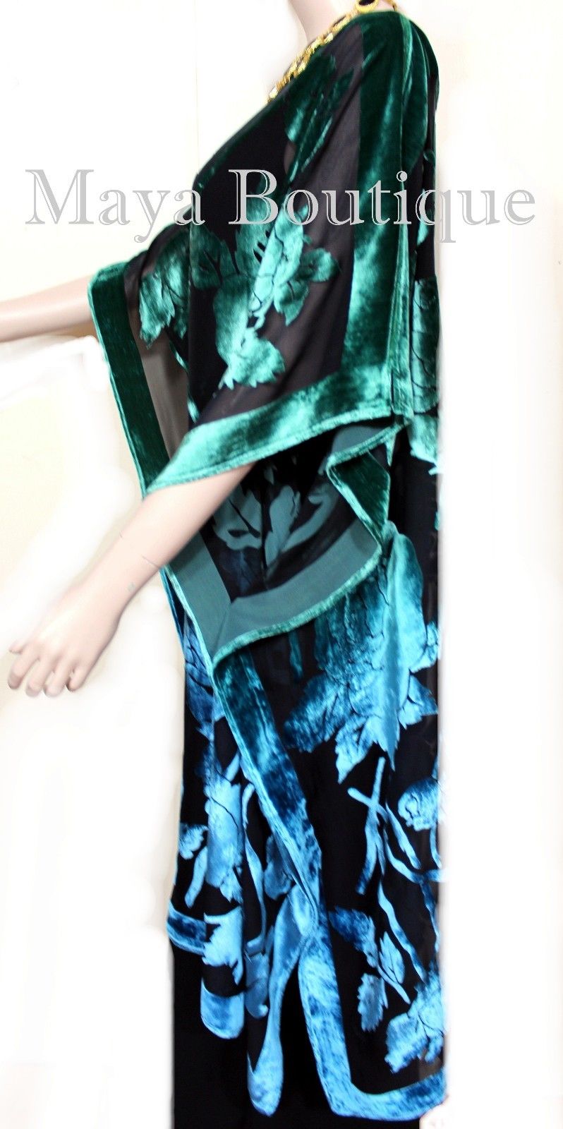 Caftan Dress Kimono Silk Burnout Velvet MAYA Dyed Stained Glass Blue & Greens