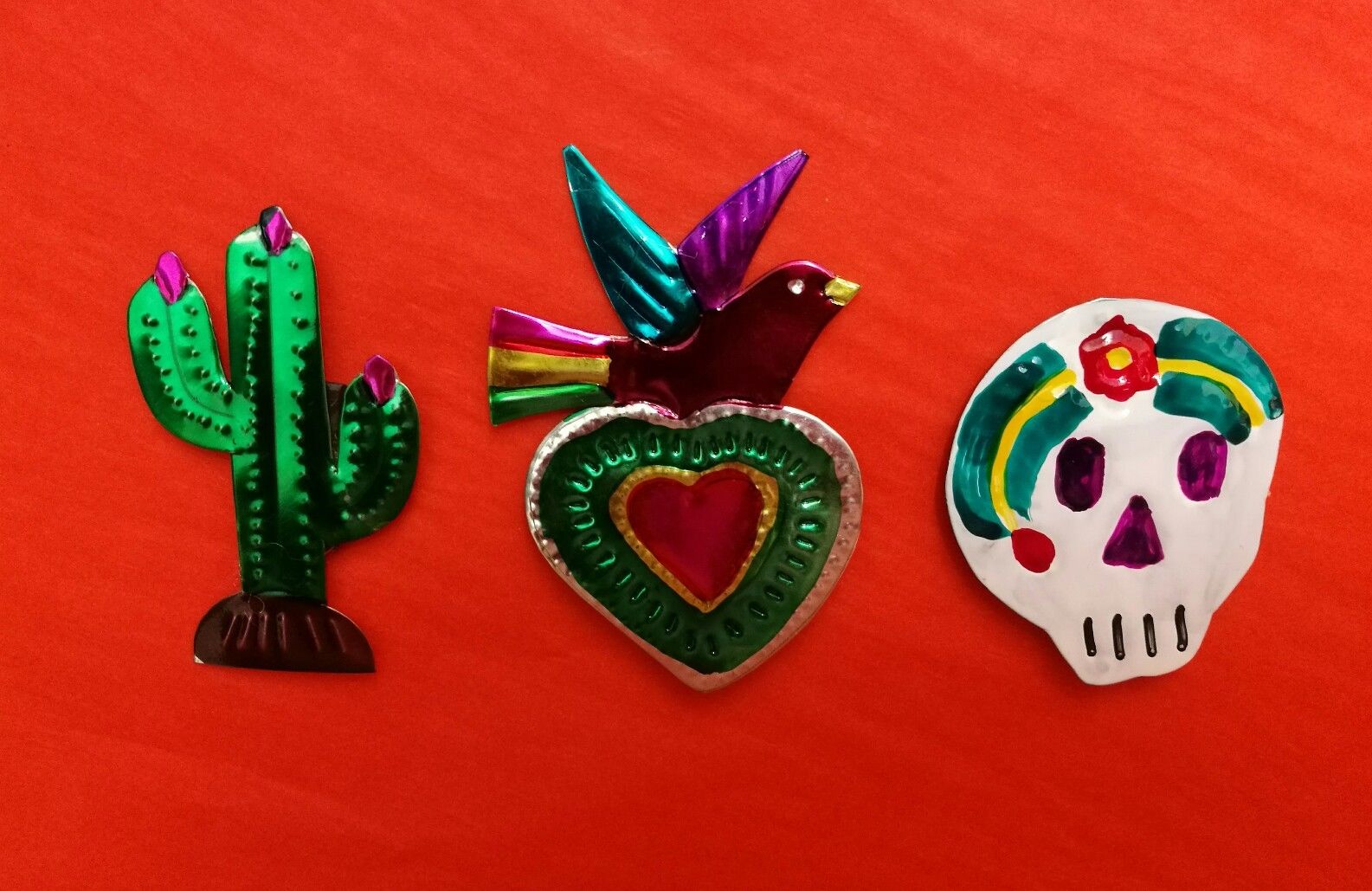 Set of 3 Mexican Tin Folk Art Heart w/Bird Sugar Skull & Cactus Mini Magnet