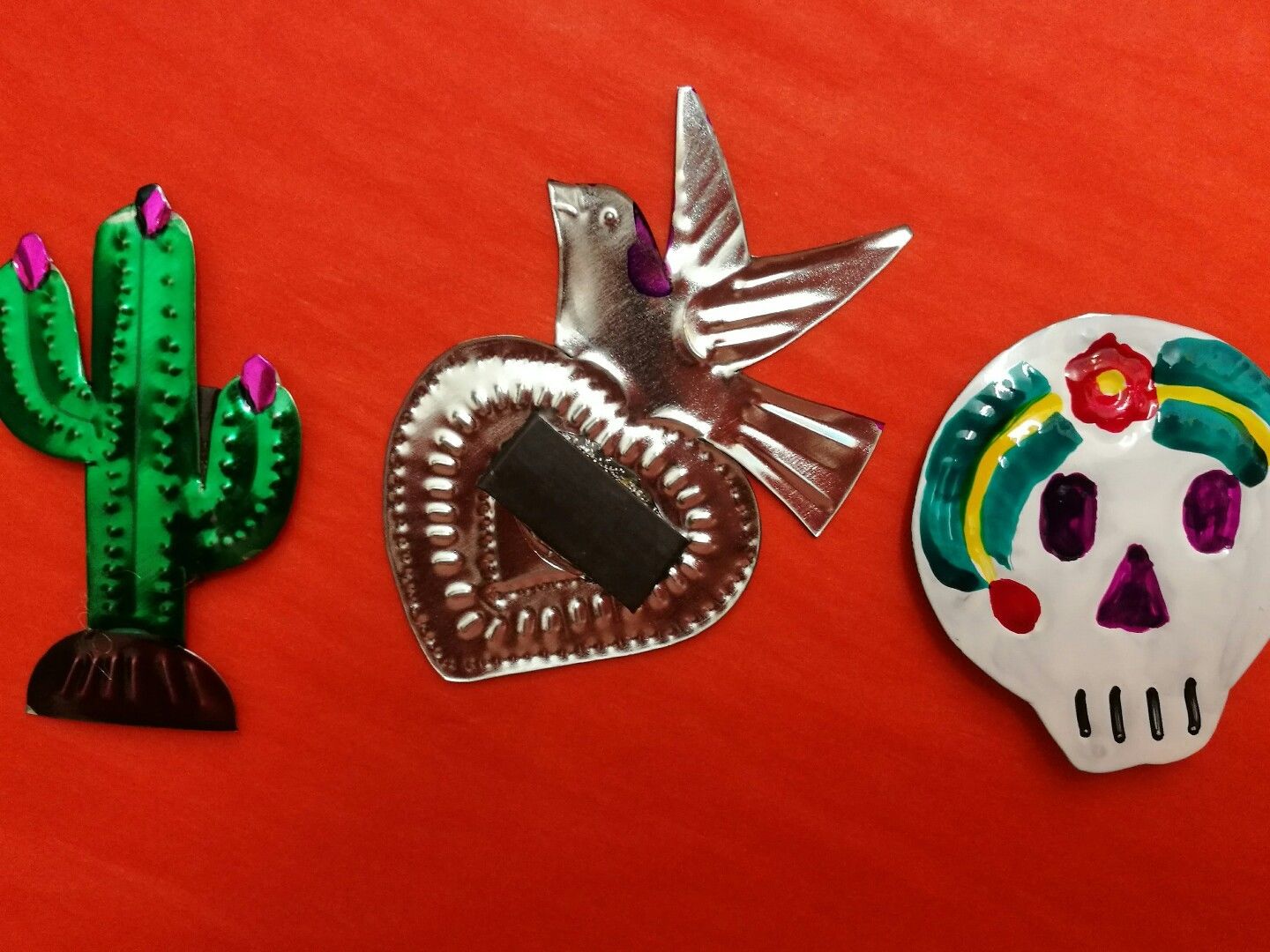 Set of 3 Mexican Tin Folk Art Heart w/Bird Sugar Skull & Cactus Mini Magnet