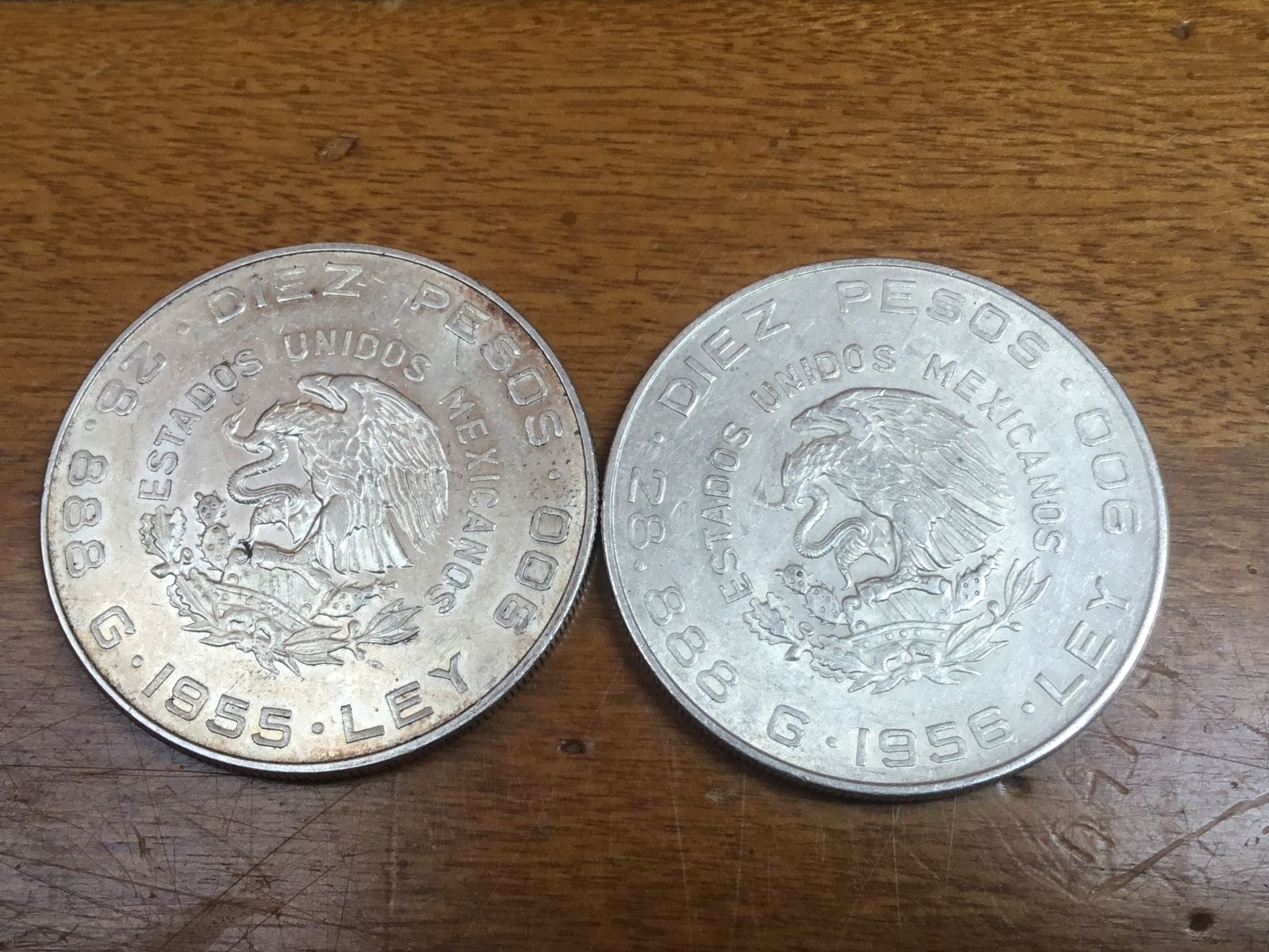 1955 & 1956 10 PESOS SILVER COINs MEXICO LOW MINTAGE (2 coin set)