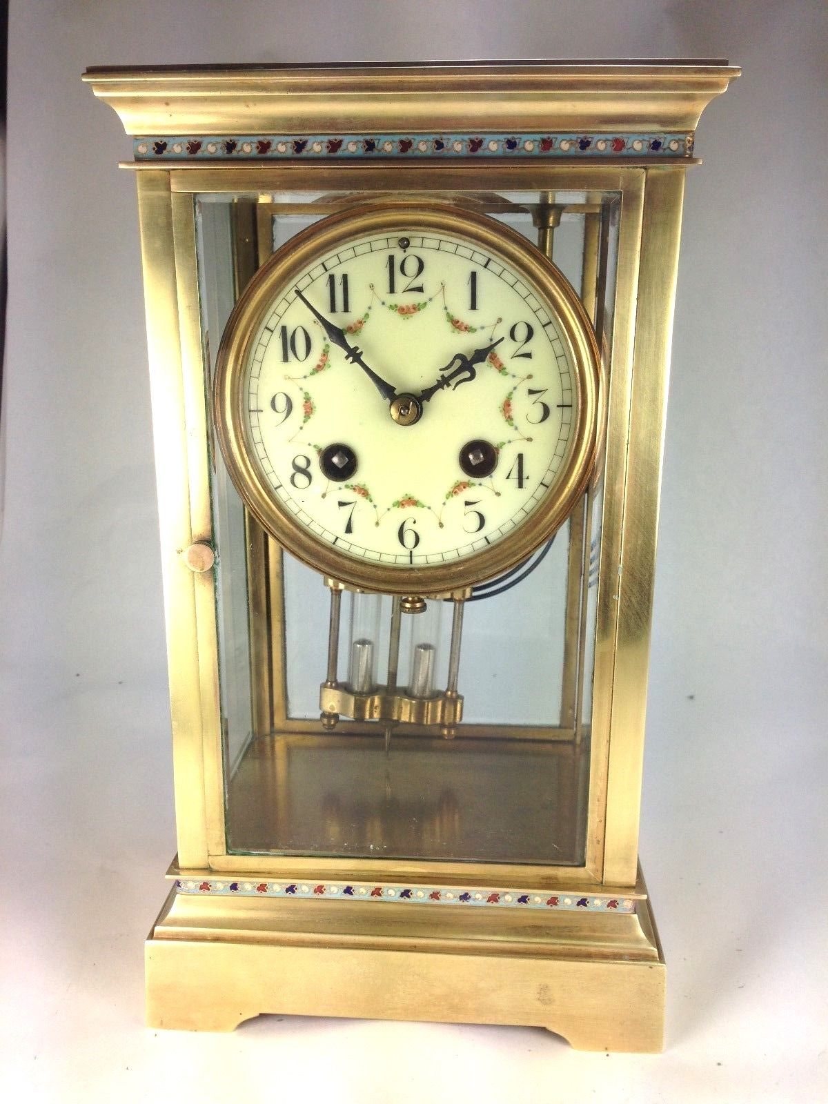 Antique French 1870 8 Day 4 Glass & Brass Clock w/ Cloisonne Embellishments