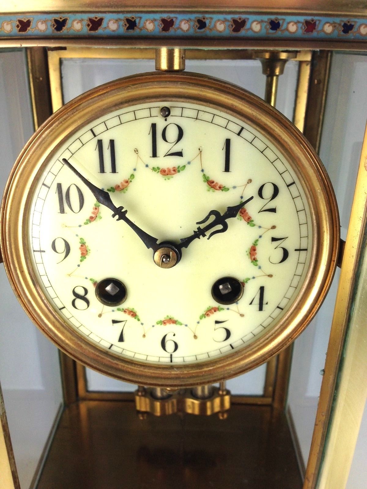 Antique French 1870 8 Day 4 Glass & Brass Clock w/ Cloisonne Embellishments