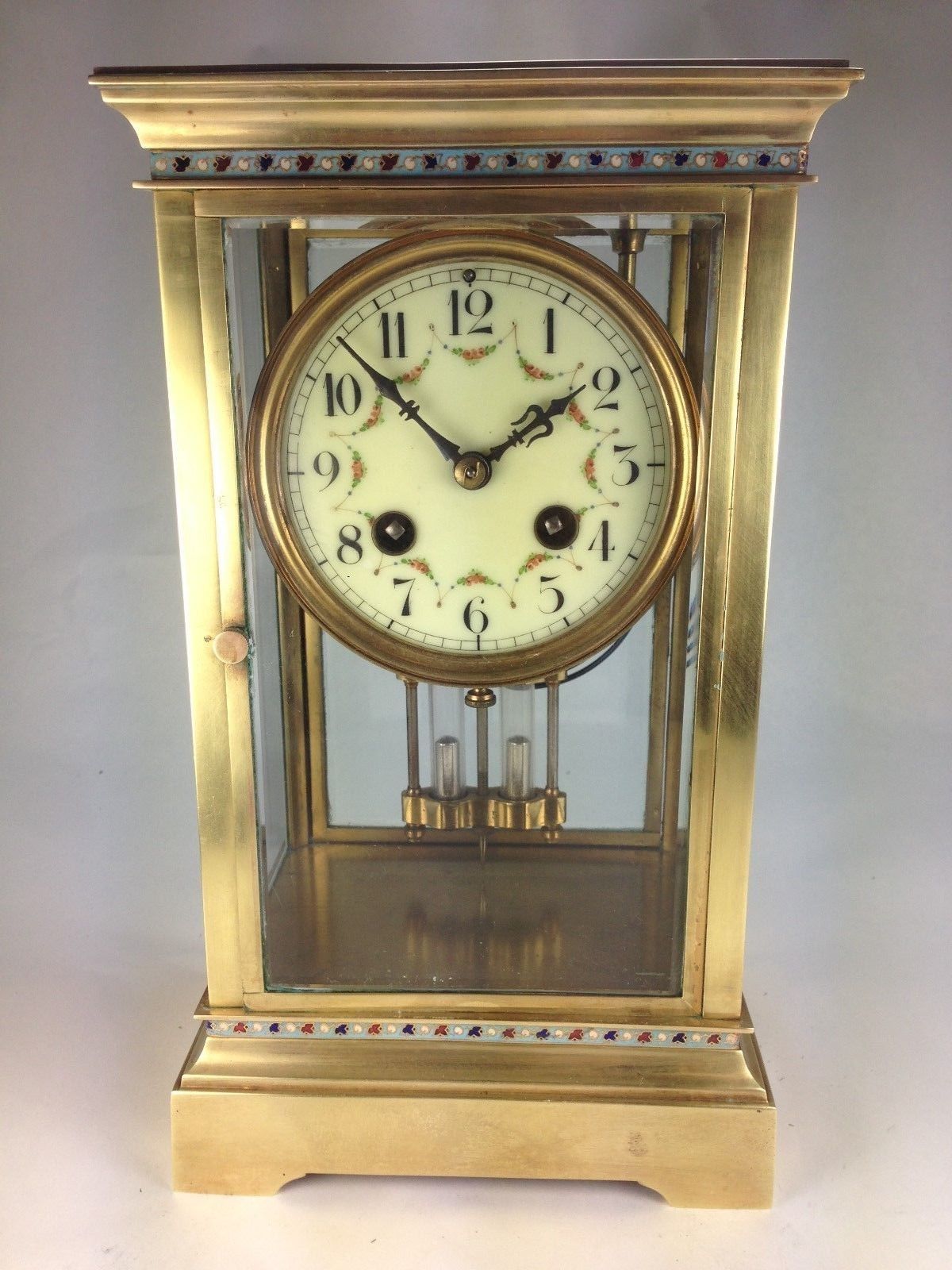 Antique French 1870 8 Day 4 Glass & Brass Clock w/ Cloisonne Embellishments