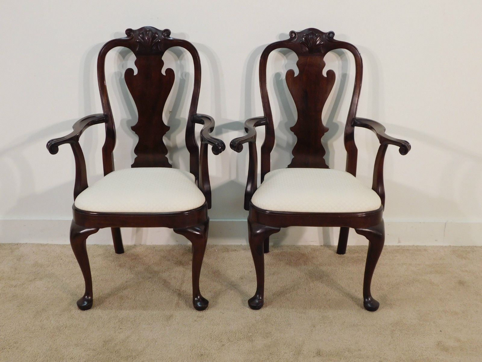 RARE Pair STICKLEY Mahogany Queen Anne Philadelphia Shell Carved Arm Chairs