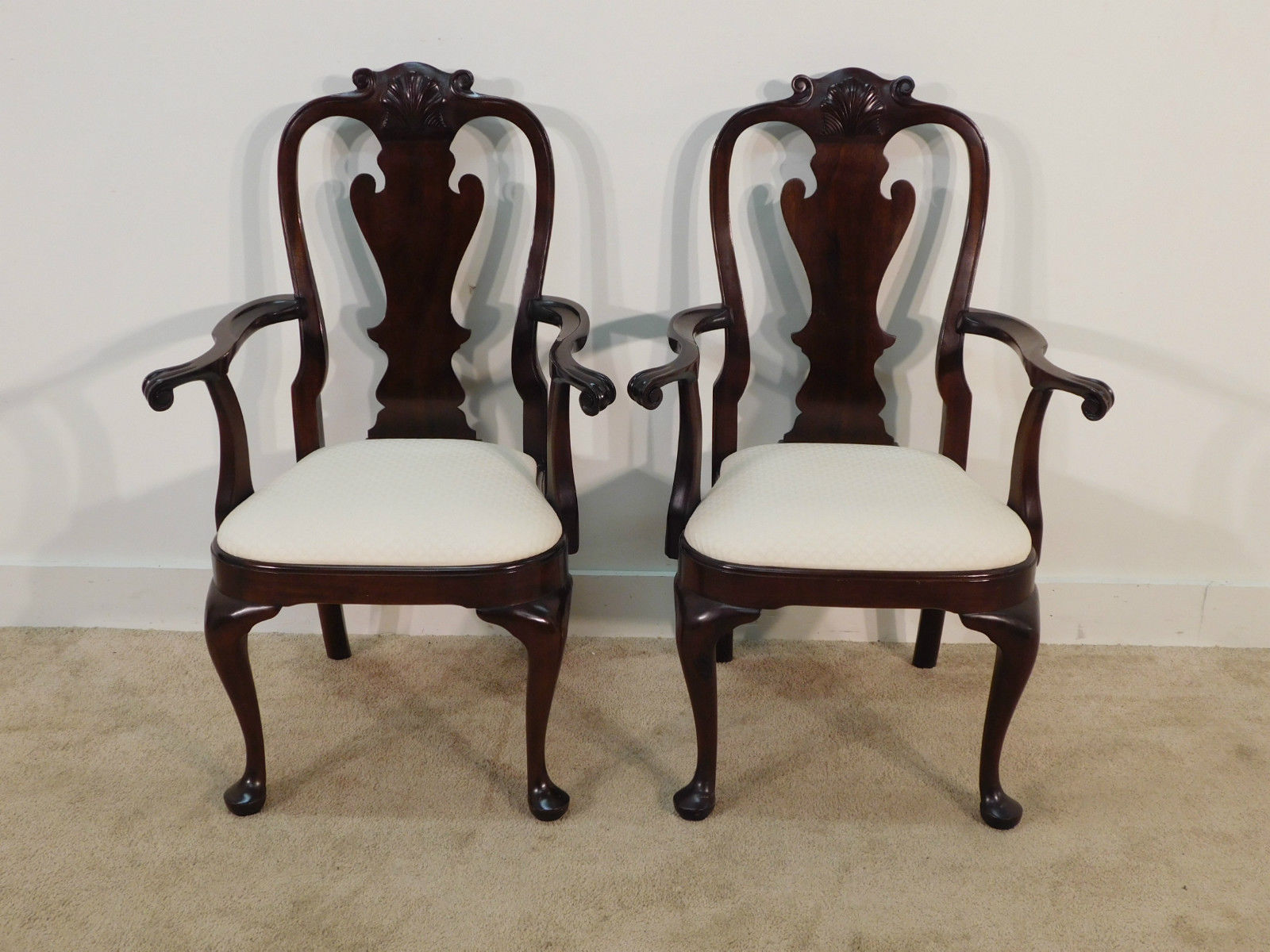 RARE Pair STICKLEY Mahogany Queen Anne Philadelphia Shell Carved Arm Chairs