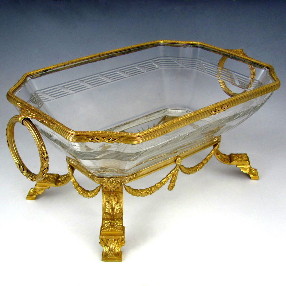 Large Antique French Empire Cut Crystal Gilt Bronze Centerpiece Bowl Footed