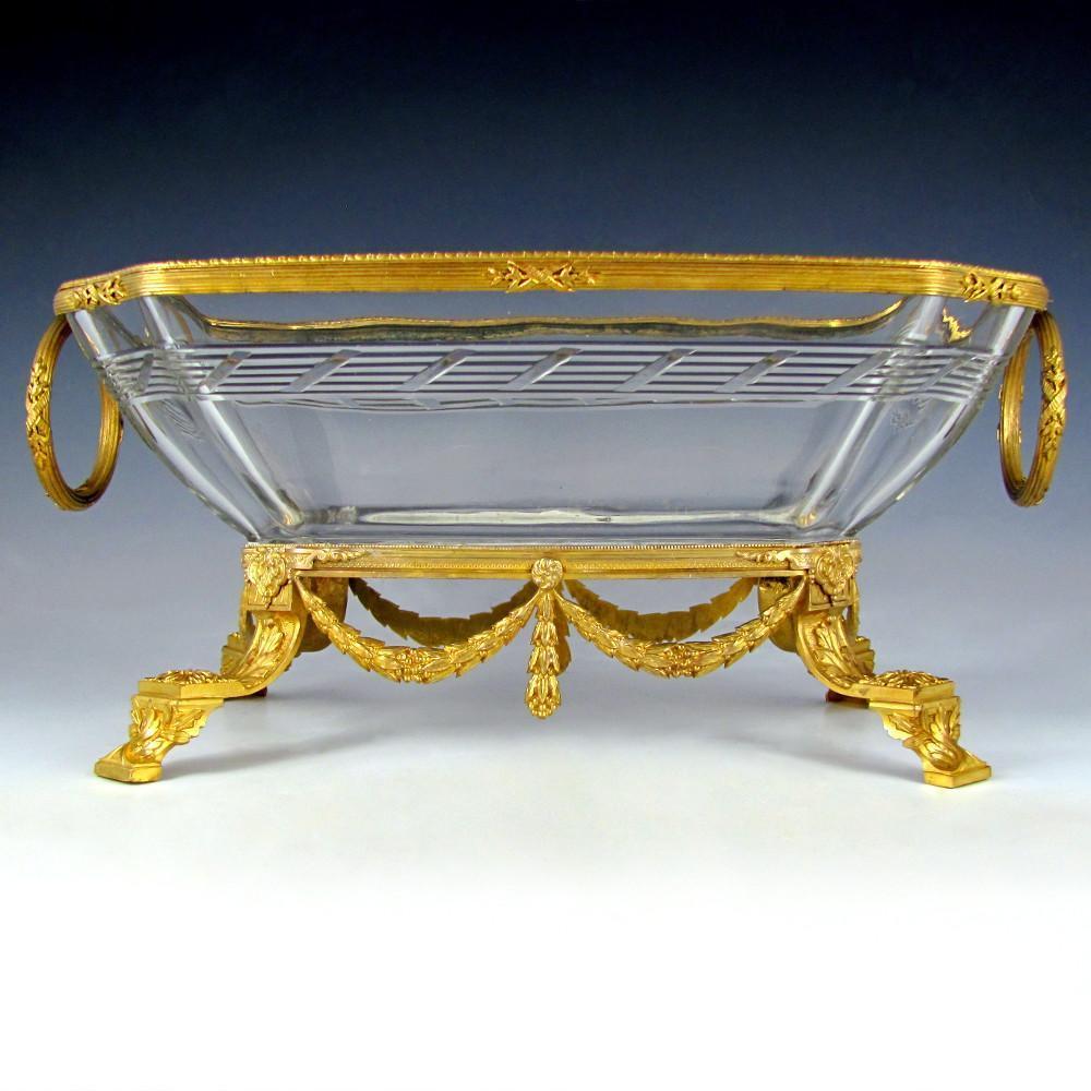 Large Antique French Empire Cut Crystal Gilt Bronze Centerpiece Bowl Footed