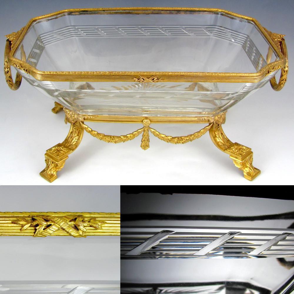 Large Antique French Empire Cut Crystal Gilt Bronze Centerpiece Bowl Footed