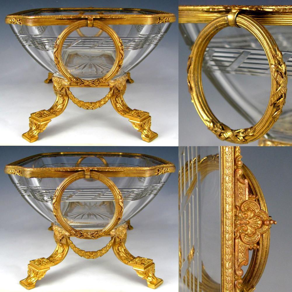 Large Antique French Empire Cut Crystal Gilt Bronze Centerpiece Bowl Footed