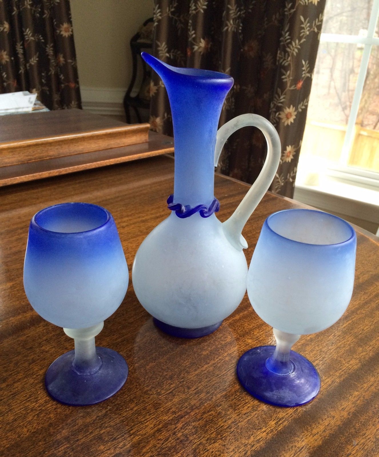 Hand Blown Glass Varigated Blue Ruffle Wine Pitcher With 2 Goblets