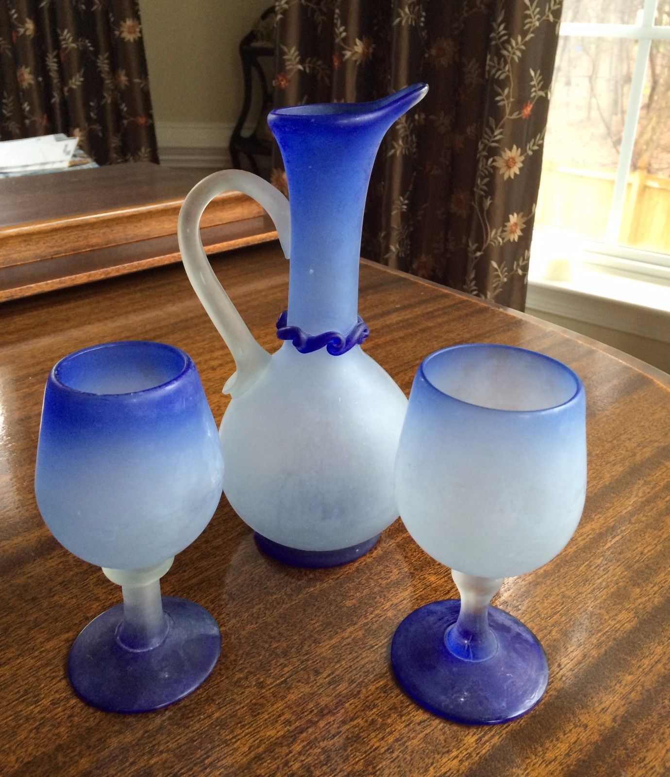 Hand Blown Glass Varigated Blue Ruffle Wine Pitcher With 2 Goblets