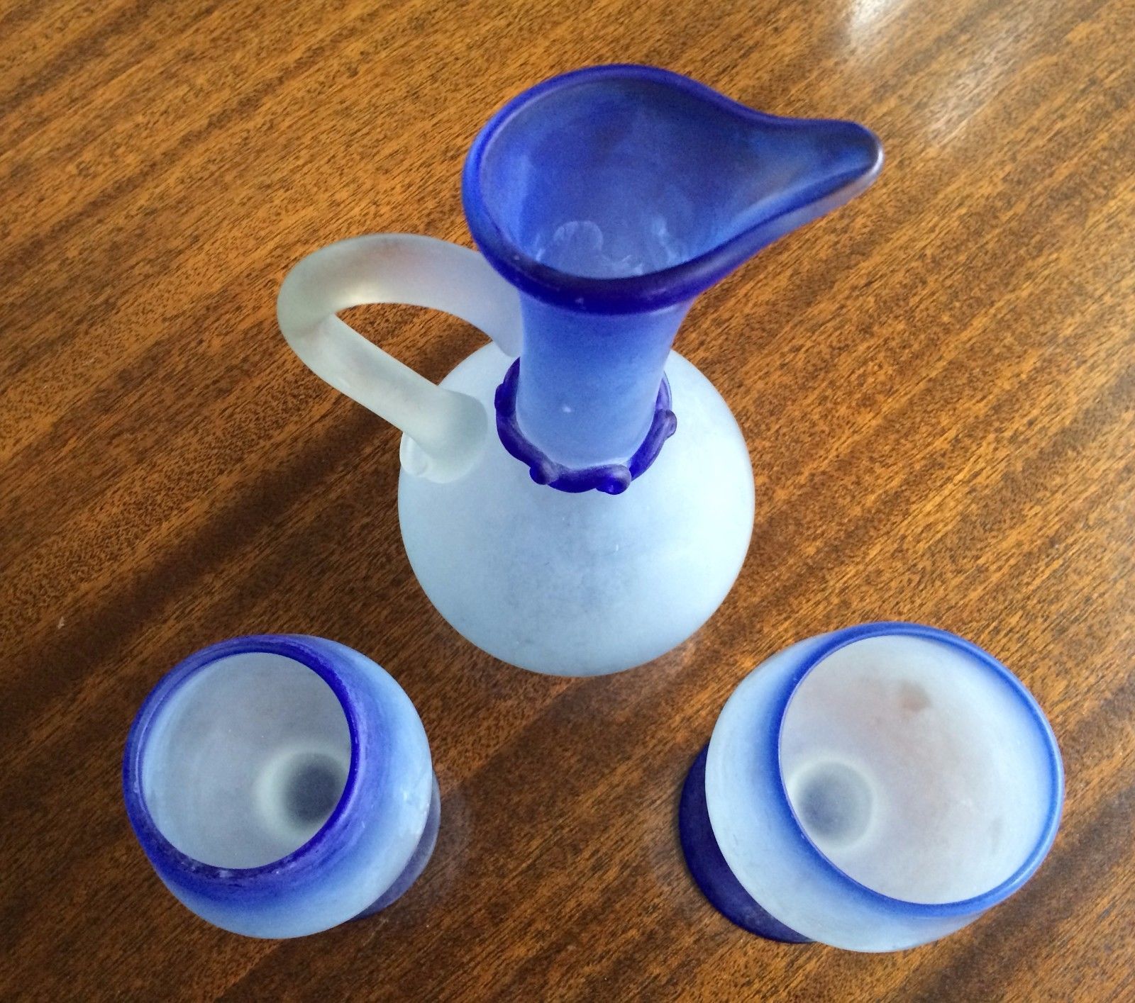 Hand Blown Glass Varigated Blue Ruffle Wine Pitcher With 2 Goblets