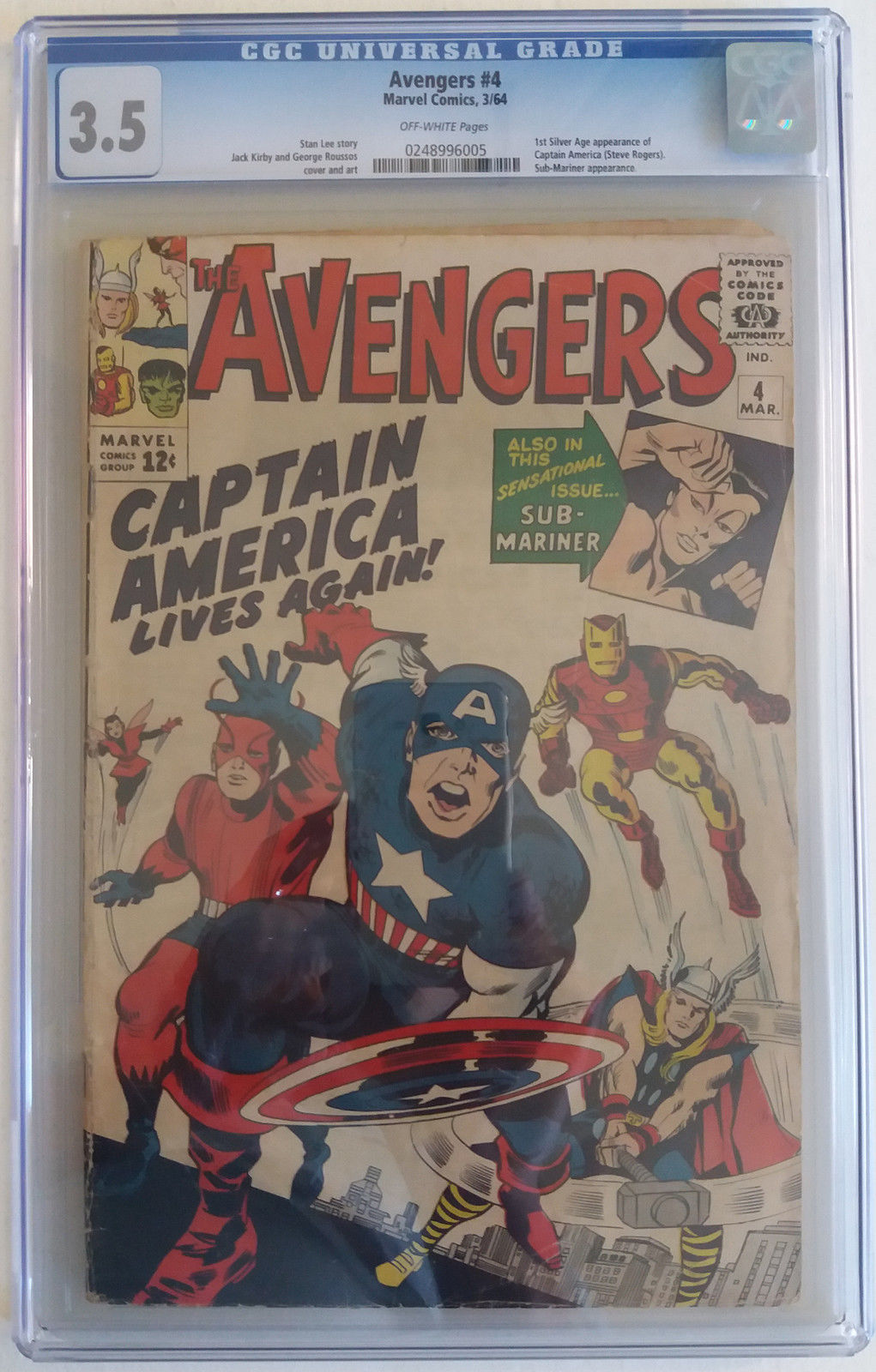 AVENGERS  4  CGC 3.5 - 0248996005 - 1st Silver Age appearance Captain America!