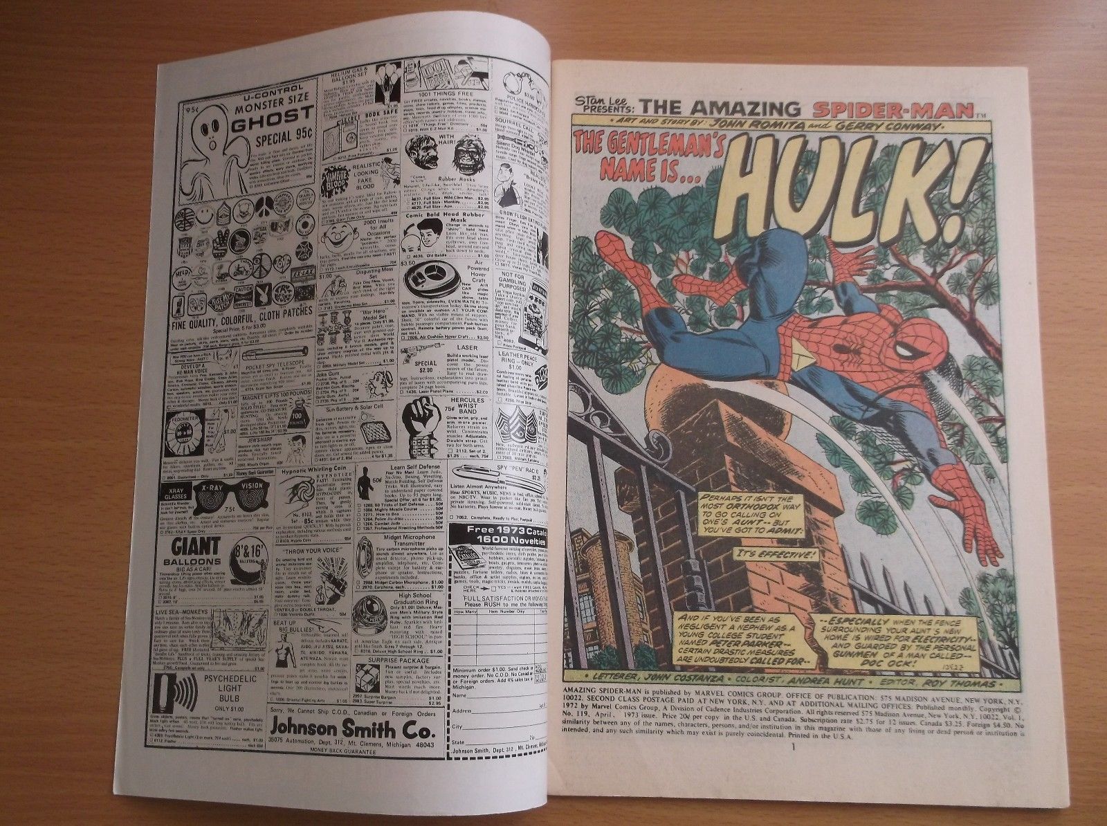 MARVEL: THE AMAZING SPIDER-MAN #119, PART I OF SPIDEY VS HULK, 1973, VF (8.0)!!!