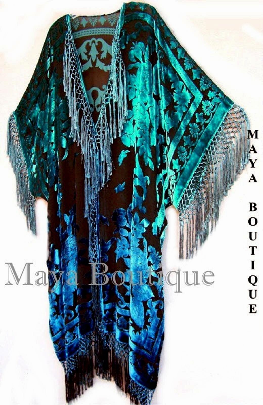 Hand Dyed Blue Turquoise Silk Velvet Jacket Kimono Duster Caftan Maya Matazaro