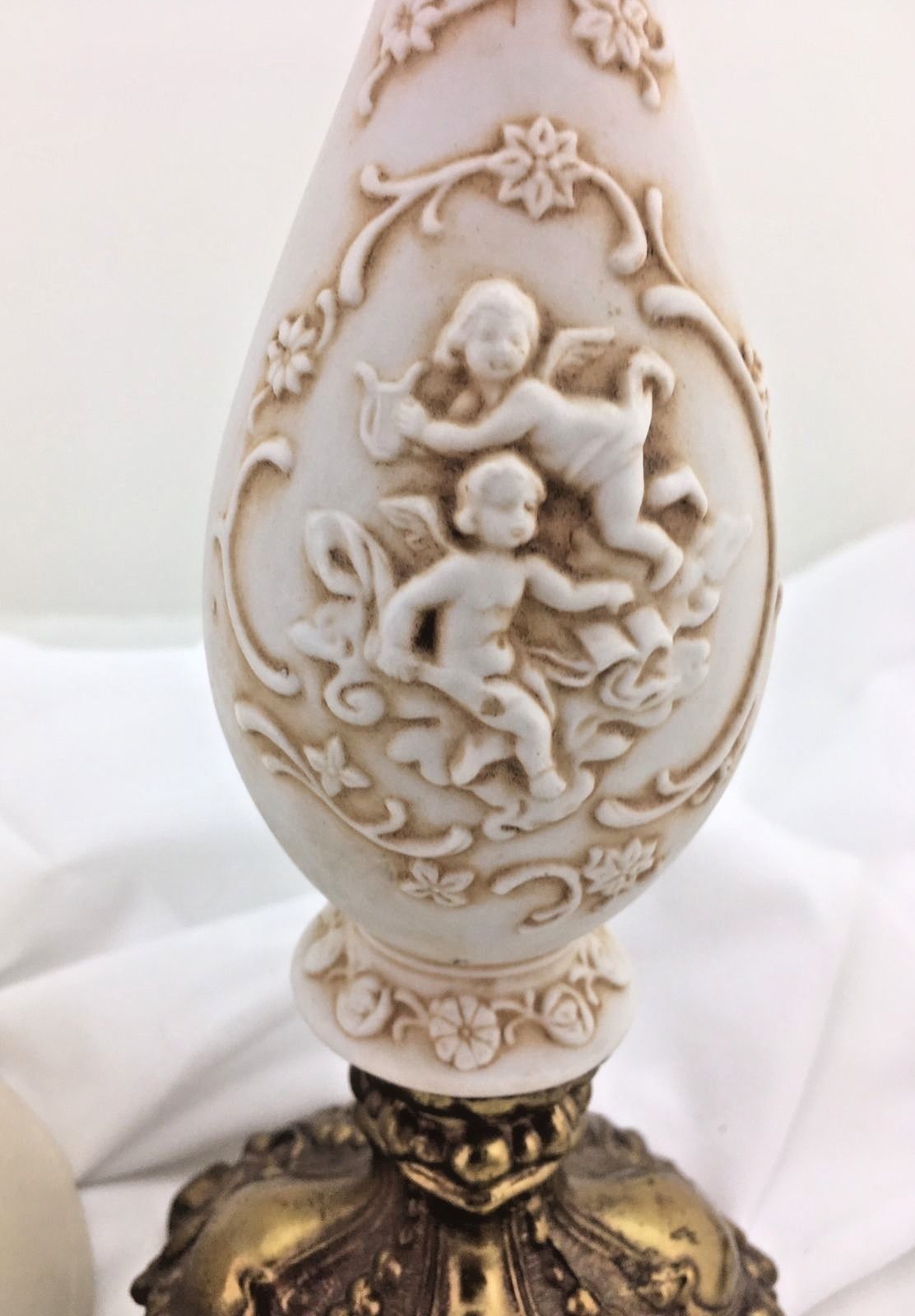 Antique Lefton Porcelain Cherub 14" Lamp Ornate Brass Base w/ Original Shade