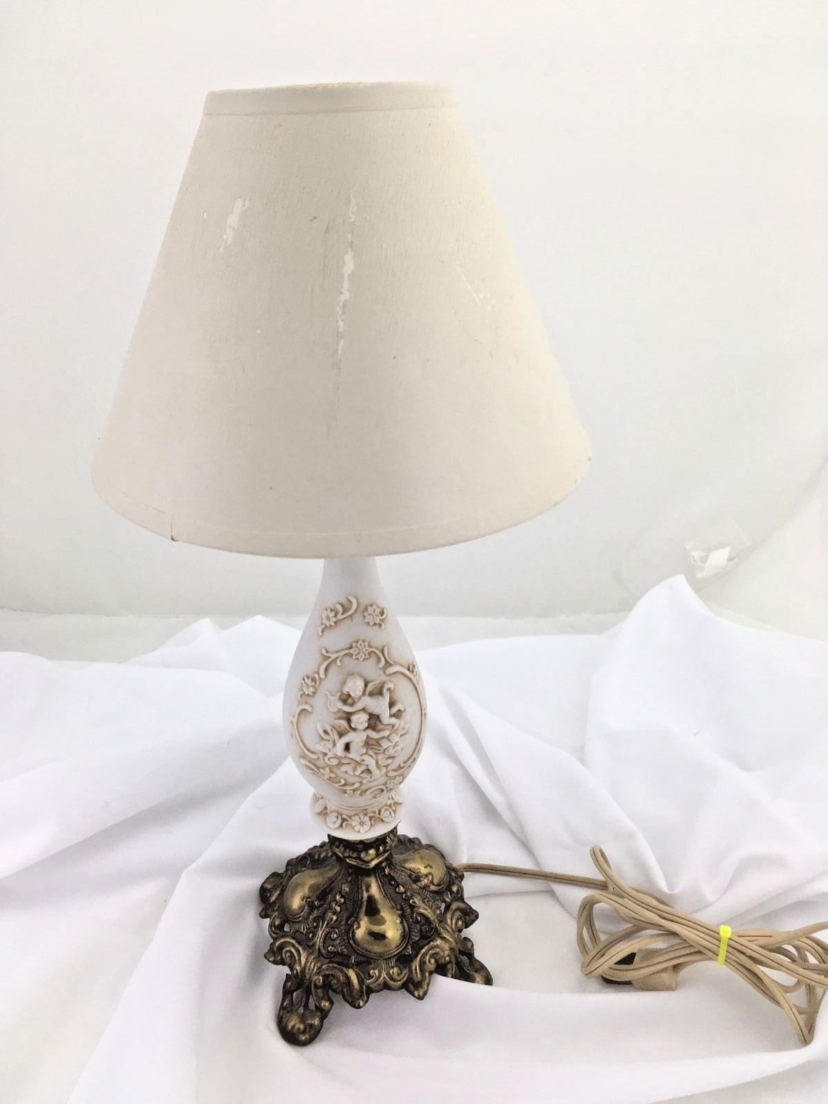 Antique Lefton Porcelain Cherub 14" Lamp Ornate Brass Base w/ Original Shade