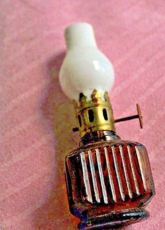 Pretty Vintage White & Brown Miniature Glass Oil Hurricane Lamp