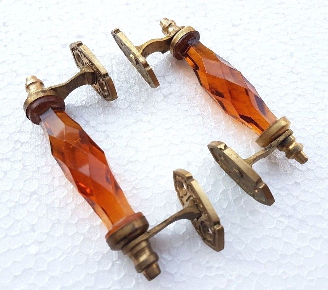2 Pc Vintage Antique Style Crystal / Cut Glass Brass Fit Door Handle Collectible
