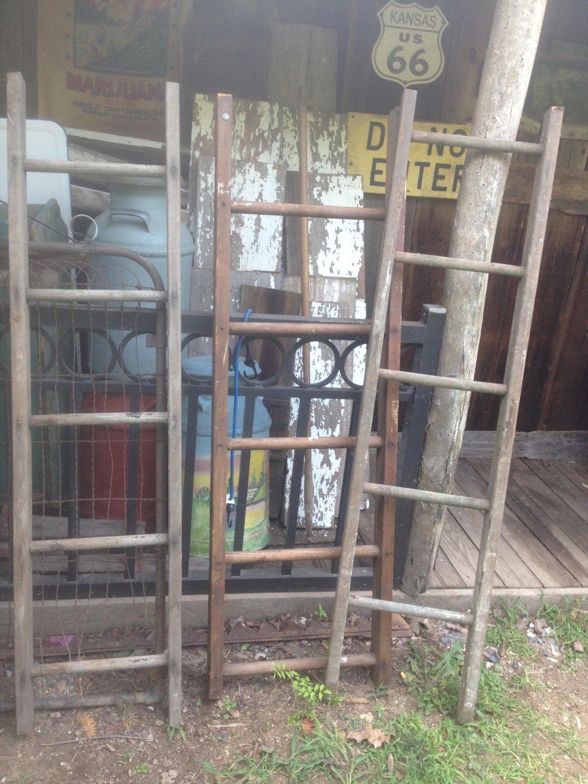 Antique Wood Ladder 5FT + Rustic Flowers Pots Pans Quilts primitive deco