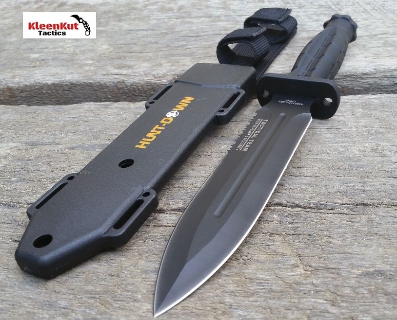 13" Black GRENADE STYLE Handle Spear Point Hunting Knife with Sheath 7" Blade