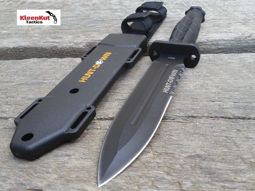 13" Black GRENADE STYLE Handle Spear Point Hunting Knife with Sheath 7" Blade