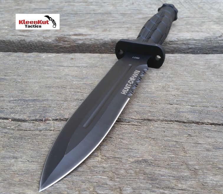 13" Black GRENADE STYLE Handle Spear Point Hunting Knife with Sheath 7" Blade