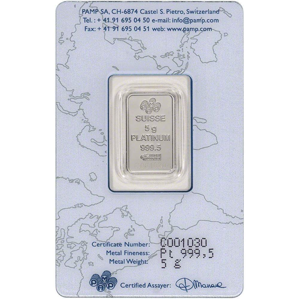 5 gram Platinum Bar - PAMP Suisse - Fortuna - 999.5 Fine in Sealed Assay